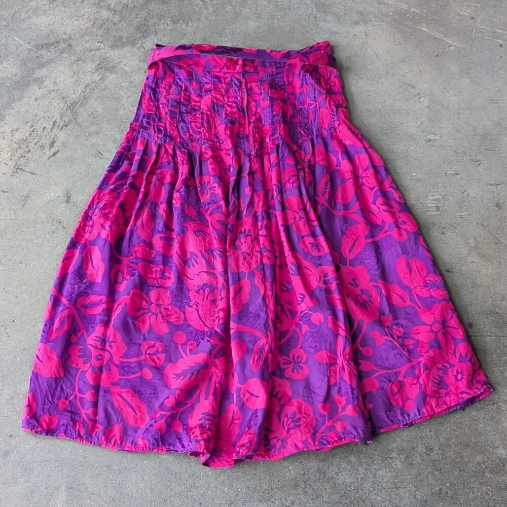 Vintage 80s Silk Raul Blanco Pink Purple Long Sleeve Midi Skirt Matching Set